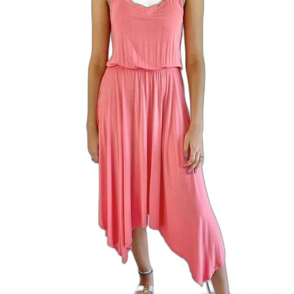 Sleeveless Flowy Dress Size S Cross Back Jersey Knit Coral Shark Bite Hem - Picture 4 of 9